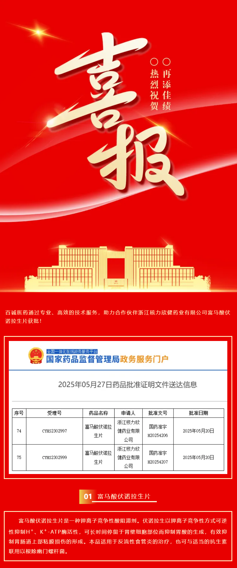 喜報(bào)！百誠(chéng)醫(yī)藥助力合作伙伴富馬酸伏諾拉生片獲批！.png